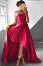 Fashion Fuchsia Satin Zipper Homecoming Dress Sleeveless Asymmetrical Pleated