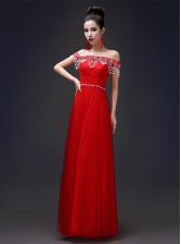  Off the Shoulder Sleeveless Lace Up Floor Length Beading Prom Evening Gown