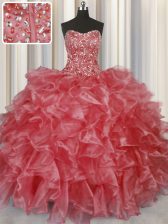 Custom Designed Visible Boning Coral Red Lace Up 15th Birthday Dress Beading and Ruffles Sleeveless Floor Length