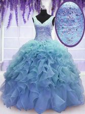  Blue Sleeveless Floor Length Beading and Embroidery and Ruffles Lace Up 15th Birthday Dress