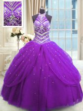 Perfect High-neck Sleeveless Lace Up 15th Birthday Dress Purple Tulle