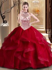  Halter Top Sleeveless Tulle Quinceanera Dresses Beading and Ruffles Brush Train Lace Up