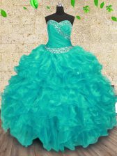 Wonderful Turquoise Lace Up Sweetheart Beading Vestidos de Quinceanera Organza Sleeveless