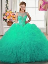 Hot Selling Turquoise Lace Up Scoop Beading and Ruffles Ball Gown Prom Dress Tulle Sleeveless