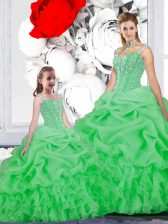 Exquisite Straps Floor Length Lace Up Quinceanera Gowns Green for Military Ball and Sweet 16 and Quinceanera with Beading and Ruffles and Pick Ups