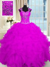  Fuchsia Straps Neckline Beading and Ruffles Quinceanera Dress Cap Sleeves Lace Up