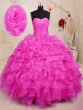 Hot Pink Lace Up Sweetheart Beading and Ruffles and Hand Made Flower Sweet 16 Dresses Organza Sleeveless
