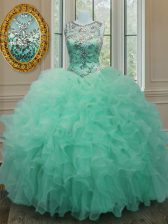  Scoop Apple Green Lace Up 15 Quinceanera Dress Beading and Ruffles Sleeveless Floor Length