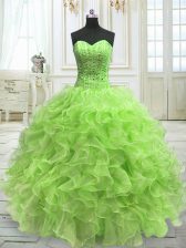  Yellow Green Organza Lace Up Sweetheart Sleeveless Floor Length Ball Gown Prom Dress Beading and Ruffles