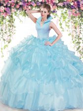  Baby Blue High-neck Backless Beading and Ruffled Layers Sweet 16 Dresses Sleeveless