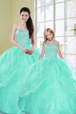  Turquoise Sleeveless Floor Length Beading and Sequins Lace Up Quinceanera Gowns
