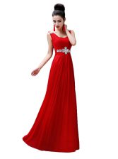 Discount Red Zipper V-neck Beading Prom Gown Chiffon Sleeveless