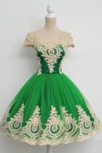 Deluxe Green Zipper Dress for Prom Lace Cap Sleeves Knee Length