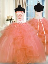 Spectacular Tulle Strapless Sleeveless Lace Up Pick Ups and Hand Made Flower Quinceanera Dresses in Orange