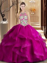 Pretty Scoop Sleeveless Quinceanera Dress Brush Train Embroidery and Ruffles Fuchsia Tulle