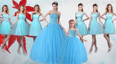Affordable Baby Blue Ball Gowns Strapless Sleeveless Tulle Floor Length Lace Up Beading Quince Ball Gowns