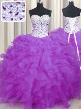 Glorious Floor Length Lace Up Quinceanera Gown Lilac for Military Ball and Sweet 16 and Quinceanera with Beading and Ruffles