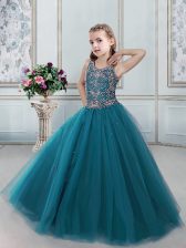  Scoop Beading Party Dresses Teal Lace Up Sleeveless Floor Length