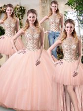  Scoop Peach Sleeveless Beading Floor Length Sweet 16 Dress