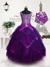  Sleeveless Tulle Floor Length Lace Up Pageant Gowns For Girls in Purple with Belt
