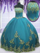 Luxury Floor Length Zipper Sweet 16 Dresses Teal for Military Ball and Sweet 16 and Quinceanera with Appliques