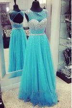 Traditional Scoop Floor Length Zipper Prom Evening Gown Turquoise for Prom and Party with Beading