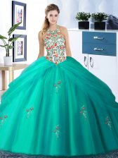 Glamorous Turquoise Lace Up Halter Top Embroidery and Pick Ups Quinceanera Dress Tulle Sleeveless