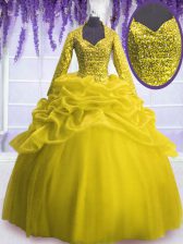 Traditional Yellow Vestidos de Quinceanera Military Ball and Sweet 16 and Quinceanera with Sequins and Pick Ups V-neck Long Sleeves Zipper