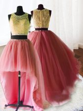  Three Piece Watermelon Red Ball Gowns Organza and Tulle and Lace Scoop Sleeveless Beading and Lace and Ruffles With Train Zipper Quinceanera Dresses Brush Train