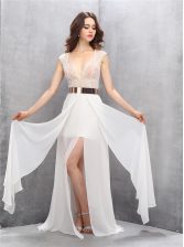 White A-line V-neck Sleeveless Chiffon Floor Length Zipper Beading and Belt Dress for Prom