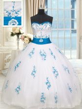  Tulle Sleeveless Floor Length Ball Gown Prom Dress and Embroidery and Belt