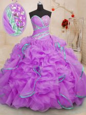  With Train Lilac Quinceanera Dress Organza Brush Train Sleeveless Beading and Ruffles