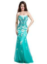 Elegant Turquoise Mermaid Strapless Sleeveless Tulle Floor Length Zipper Beading and Appliques Prom Gown