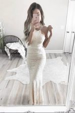 Custom Fit White Mermaid Lace Halter Top Sleeveless Lace Floor Length Zipper Evening Dress