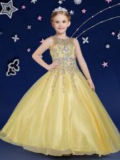  Gold Ball Gowns Scoop Sleeveless Organza Floor Length Zipper Beading Juniors Party Dress