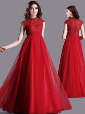 Fancy Cap Sleeves Floor Length Lace Zipper Evening Dress with Red
