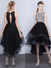  Scoop Backless Tulle Sleeveless High Low Prom Dresses and Beading