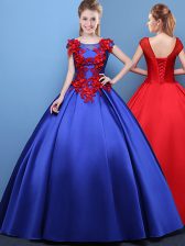 Custom Fit Scoop Royal Blue Lace Up Sweet 16 Quinceanera Dress Appliques Cap Sleeves Floor Length