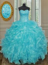 Luxury Sweetheart Sleeveless Sweet 16 Dresses Floor Length Beading and Ruffles Aqua Blue Organza