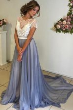 Enchanting Scoop Grey Chiffon Backless Dress for Prom Cap Sleeves Court Train Lace and Bowknot