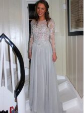 Modern Grey Chiffon Backless Bateau Long Sleeves Floor Length Prom Dress Appliques