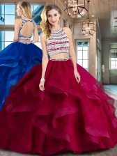 Most Popular Tulle Scoop Sleeveless Brush Train Backless Beading and Ruffles Quinceanera Dress in Wine Red