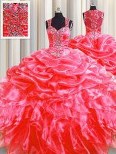 Amazing Pick Ups Zipper Up See Through Back Coral Red Sleeveless Sweep Train Beading and Ruffles Floor Length Quinceanera Dress