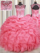 Cheap Organza Scoop Sleeveless Lace Up Beading and Ruffles and Pick Ups Sweet 16 Quinceanera Dress in Watermelon Red