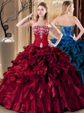 Simple Wine Red Sleeveless Embroidery and Ruffles Floor Length Quinceanera Dress