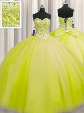 Pretty Really Puffy Sleeveless Floor Length Beading Lace Up Quince Ball Gowns with Yellow Green