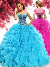 Smart Aqua Blue Sleeveless Organza Lace Up Quinceanera Dresses for Military Ball and Sweet 16 and Quinceanera