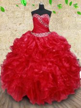  Sleeveless Floor Length Beading and Ruffles Lace Up Sweet 16 Dress with Red