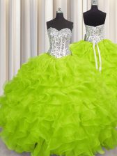 Fancy Floor Length Lace Up Quince Ball Gowns Yellow Green for Military Ball and Sweet 16 and Quinceanera with Beading and Ruffles