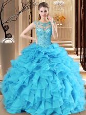 Discount Scoop Baby Blue Ball Gowns Beading and Ruffles Ball Gown Prom Dress Lace Up Organza Sleeveless Floor Length